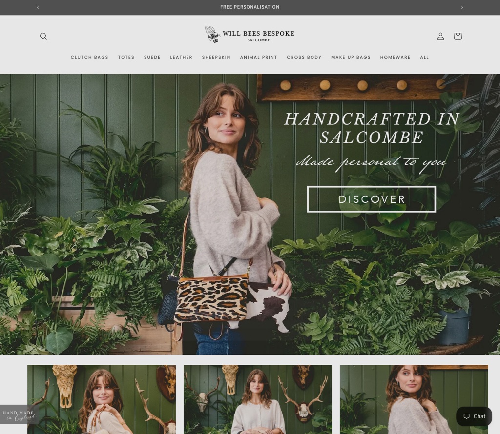 Will Bees Bespoke homepage, handmade bags, Salcombe